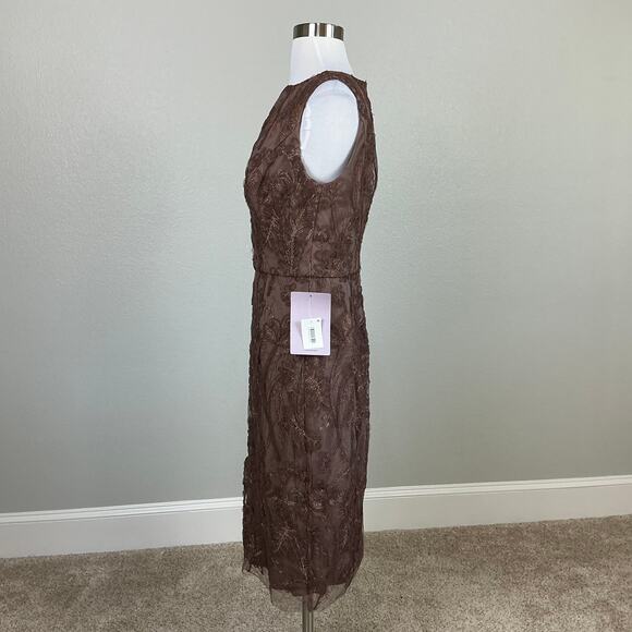JS Collections Glitter Lace Tulle Midi Sheath Cocktail Dress Mink Brown Size 10 - Picture 5 of 13
